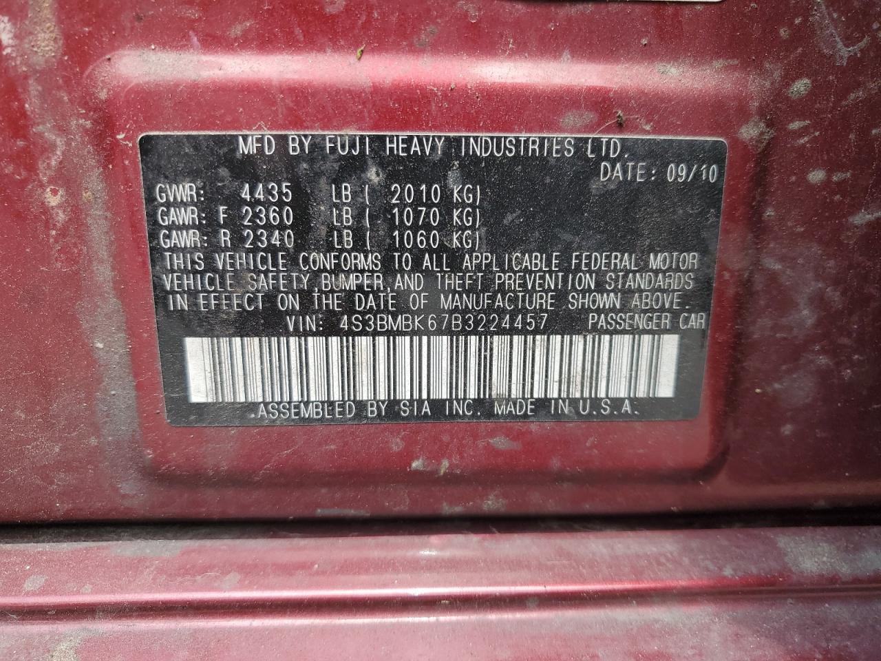 4S3BMBK67B3224457 2011 Subaru Legacy 2.5I Limited