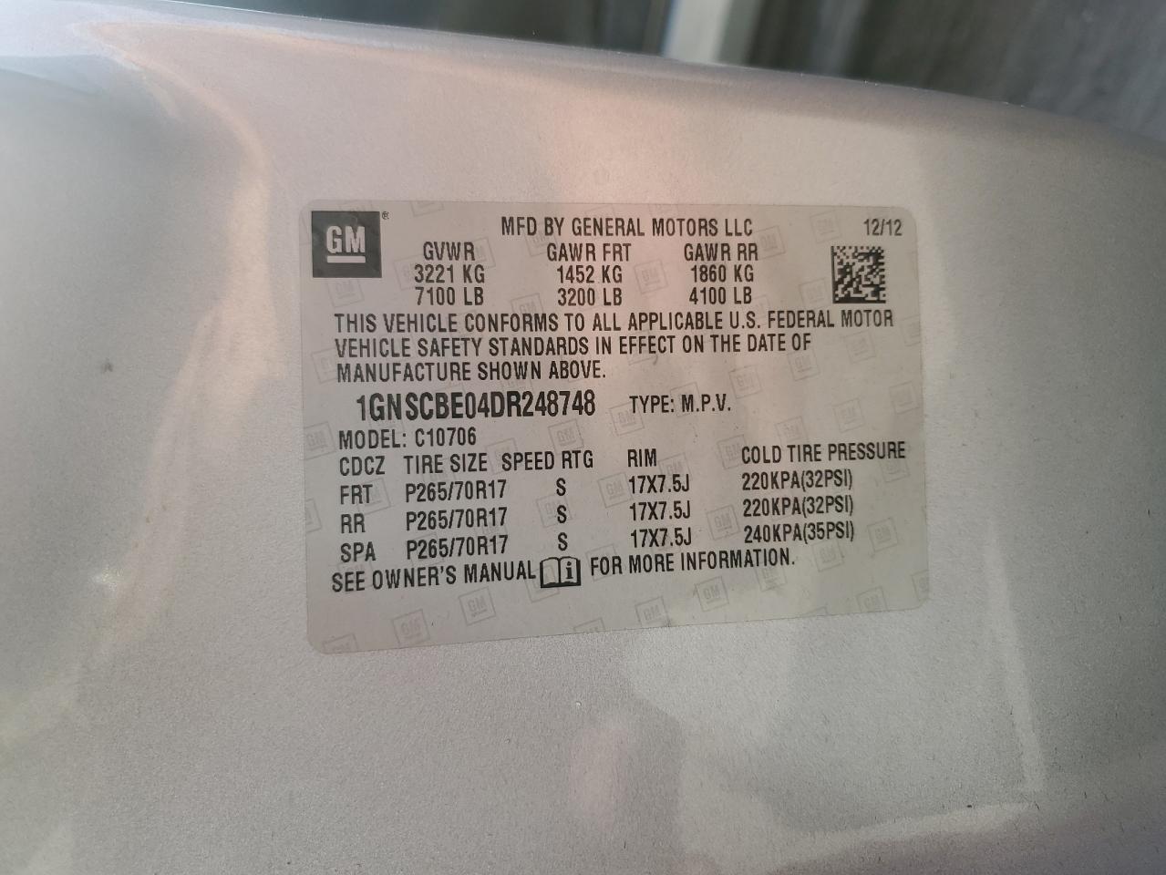 1GNSCBE04DR248748 2013 Chevrolet Tahoe C1500 Lt