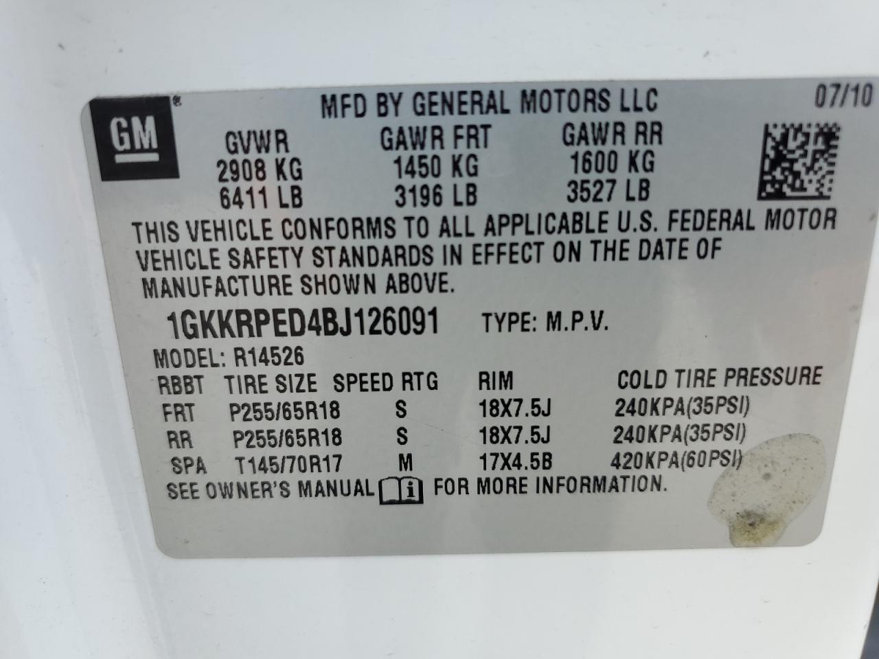 1GKKRPED4BJ126091 2011 GMC Acadia Sle