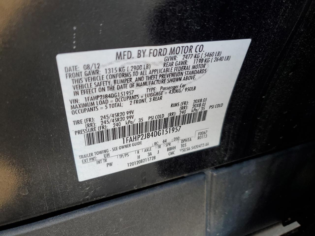 1FAHP2J84DG151957 2013 Ford Taurus Limited