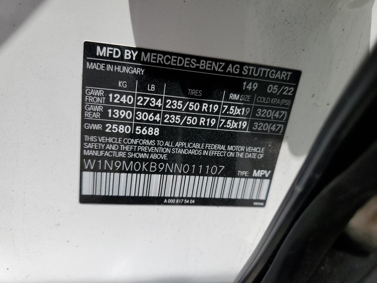 W1N9M0KB9NN011107 2022 Mercedes-Benz Eqb 300 4Matic