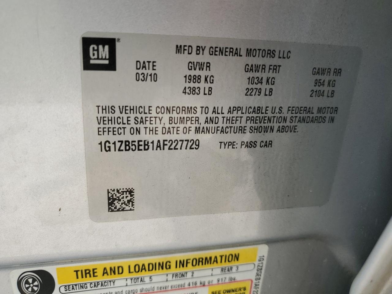 1G1ZB5EB1AF227729 2010 Chevrolet Malibu Ls