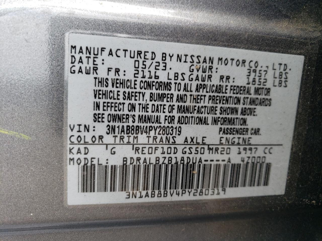 3N1AB8BV4PY280319 2023 Nissan Sentra S