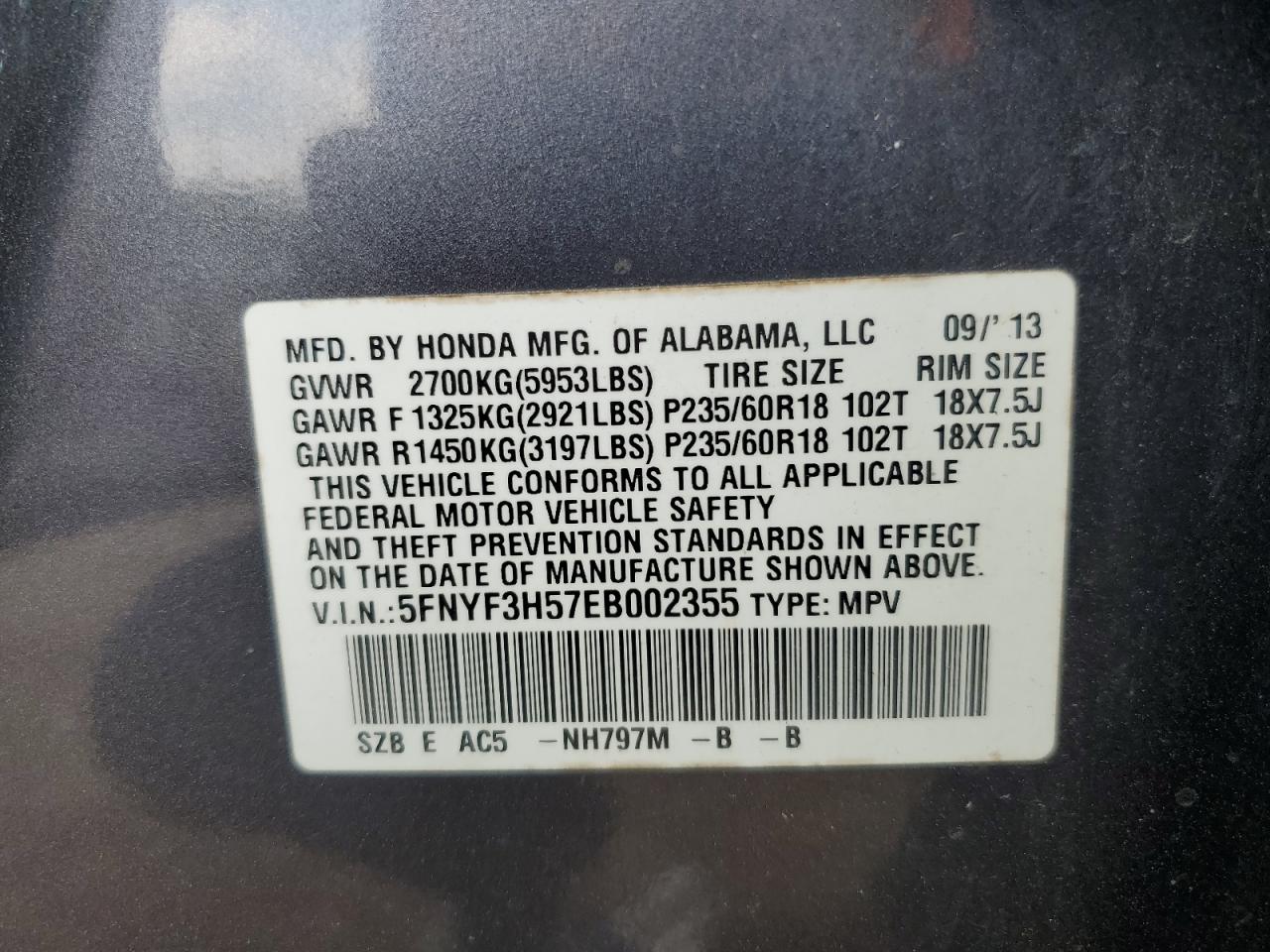 5FNYF3H57EB002355 2014 Honda Pilot Exl