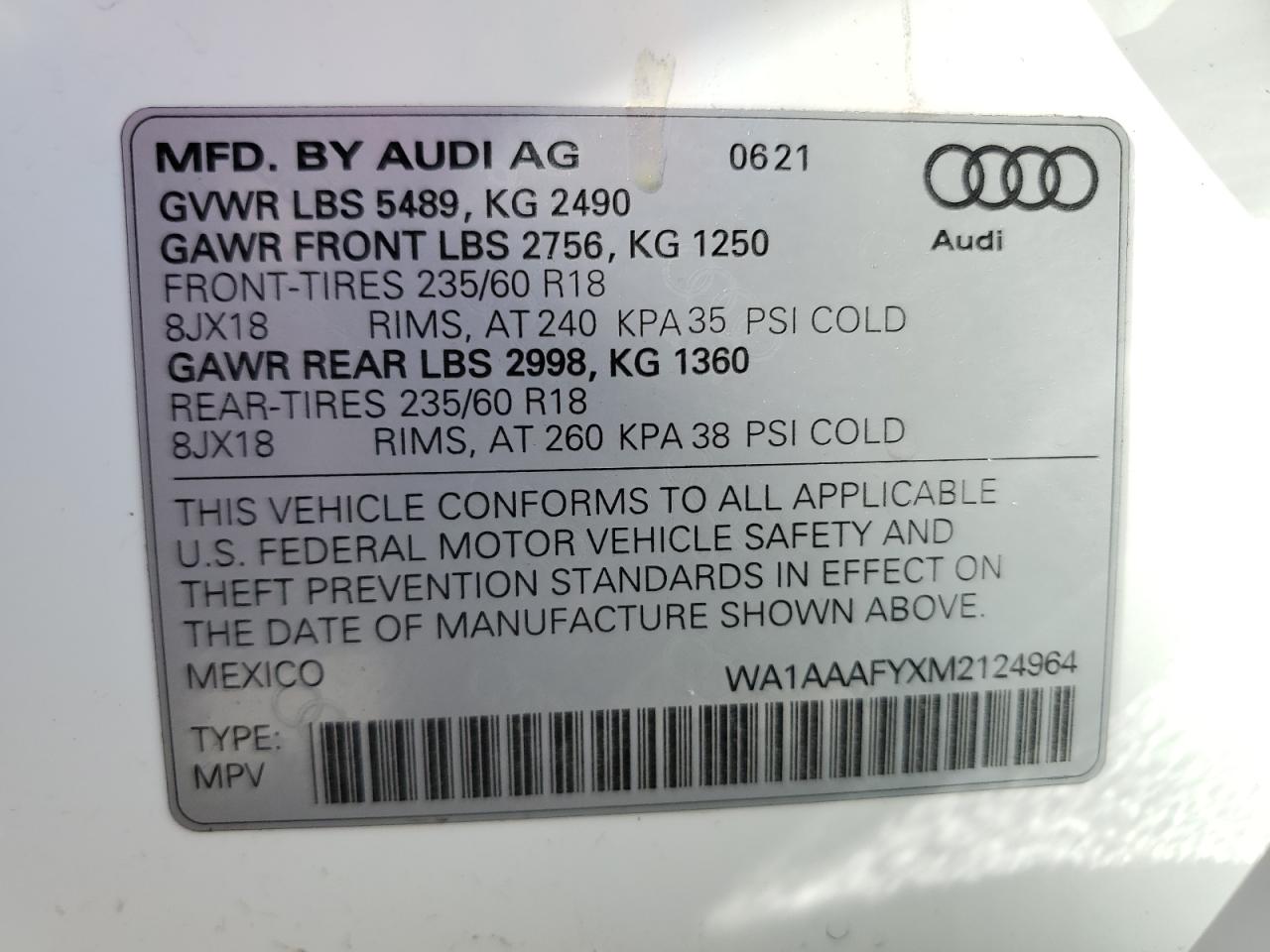 WA1AAAFYXM2124964 2021 Audi Q5 Premium