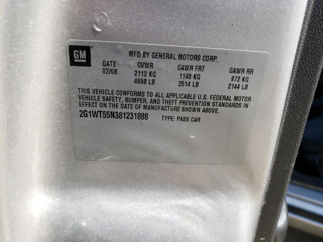 2G1WT55N381231888 2008 Chevrolet Impala Lt