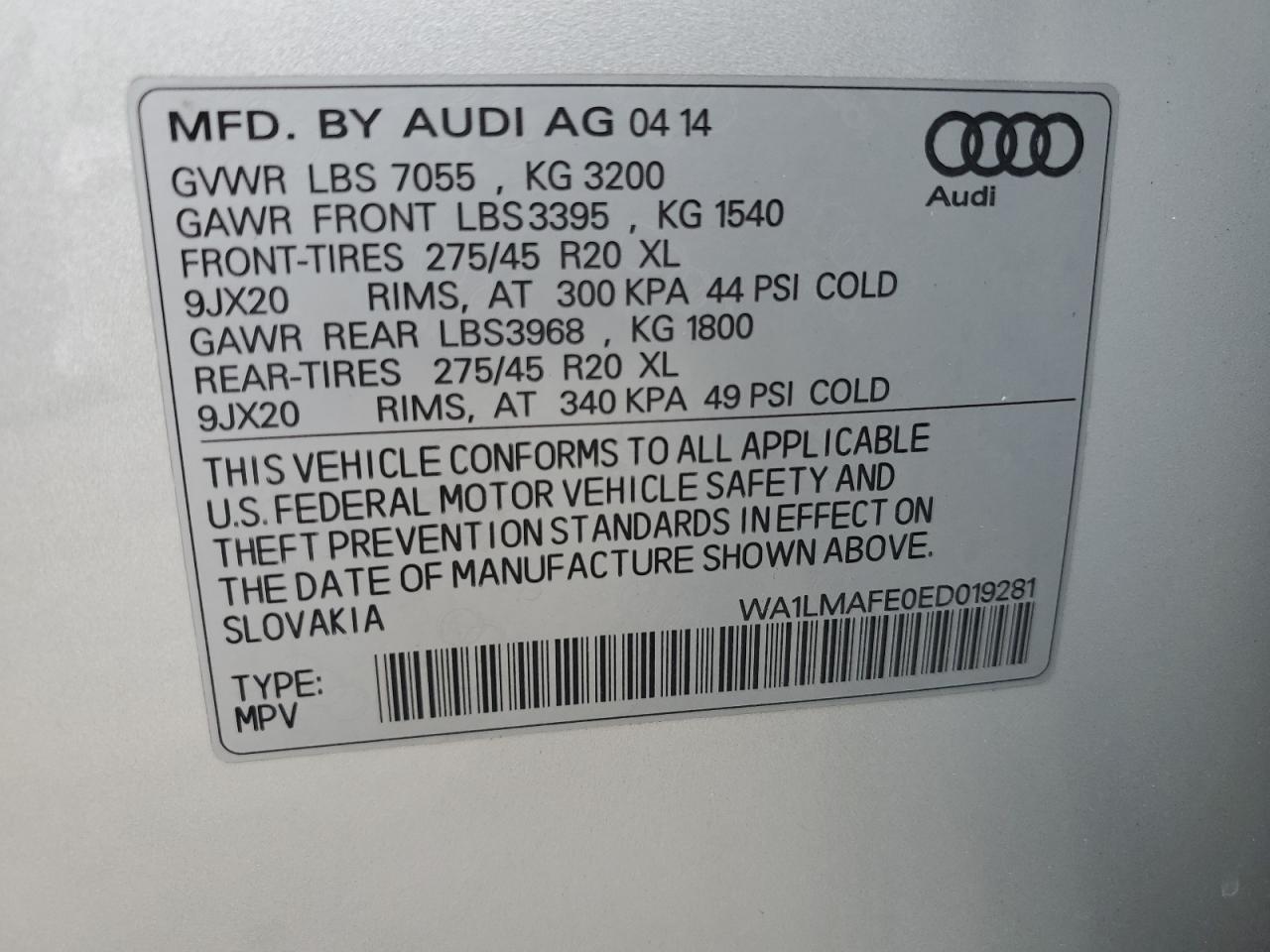 WA1LMAFE0ED019281 2014 Audi Q7 Premium Plus