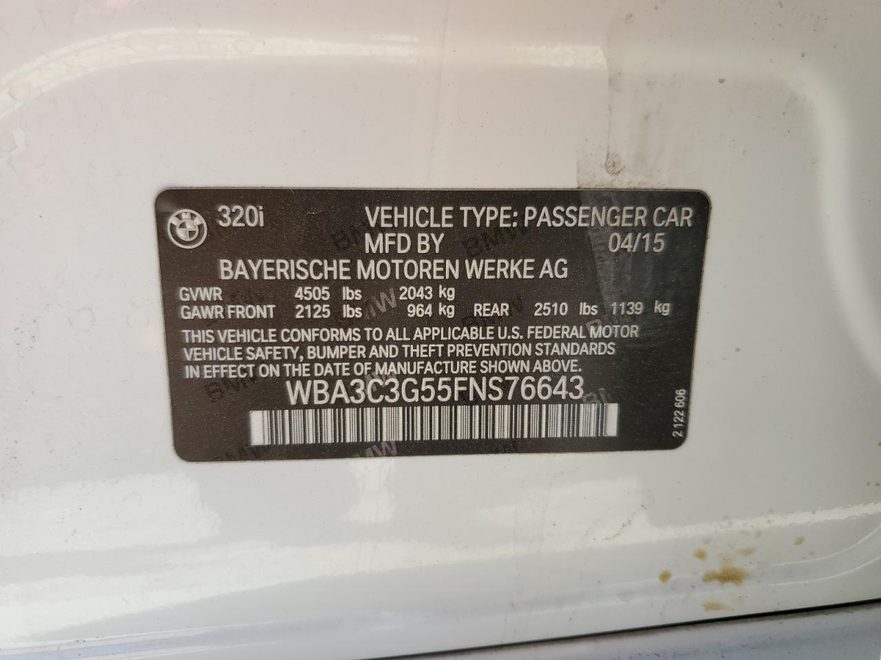 WBA3C3G55FNS76643 2015 BMW 320 I xDrive