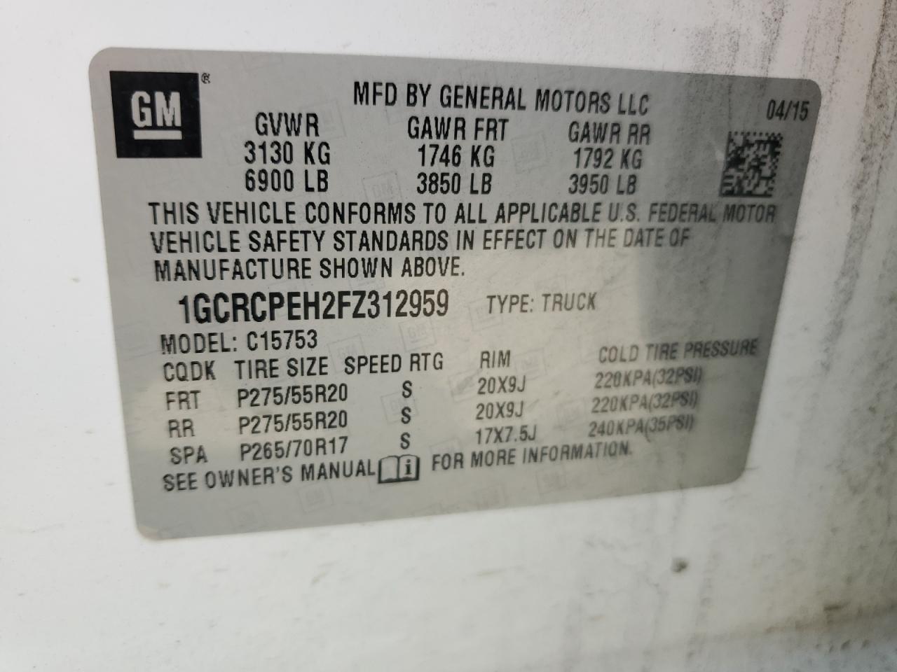 1GCRCPEH2FZ312959 2015 Chevrolet Silverado C1500