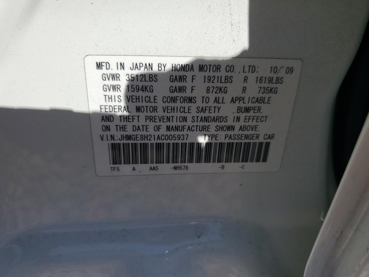 JHMGE8H21AC005937 2010 Honda Fit