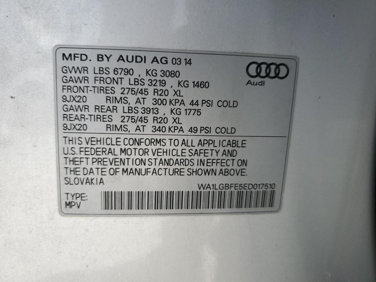 WA1LGBFE5ED017510 2014 Audi Q7 Premium Plus