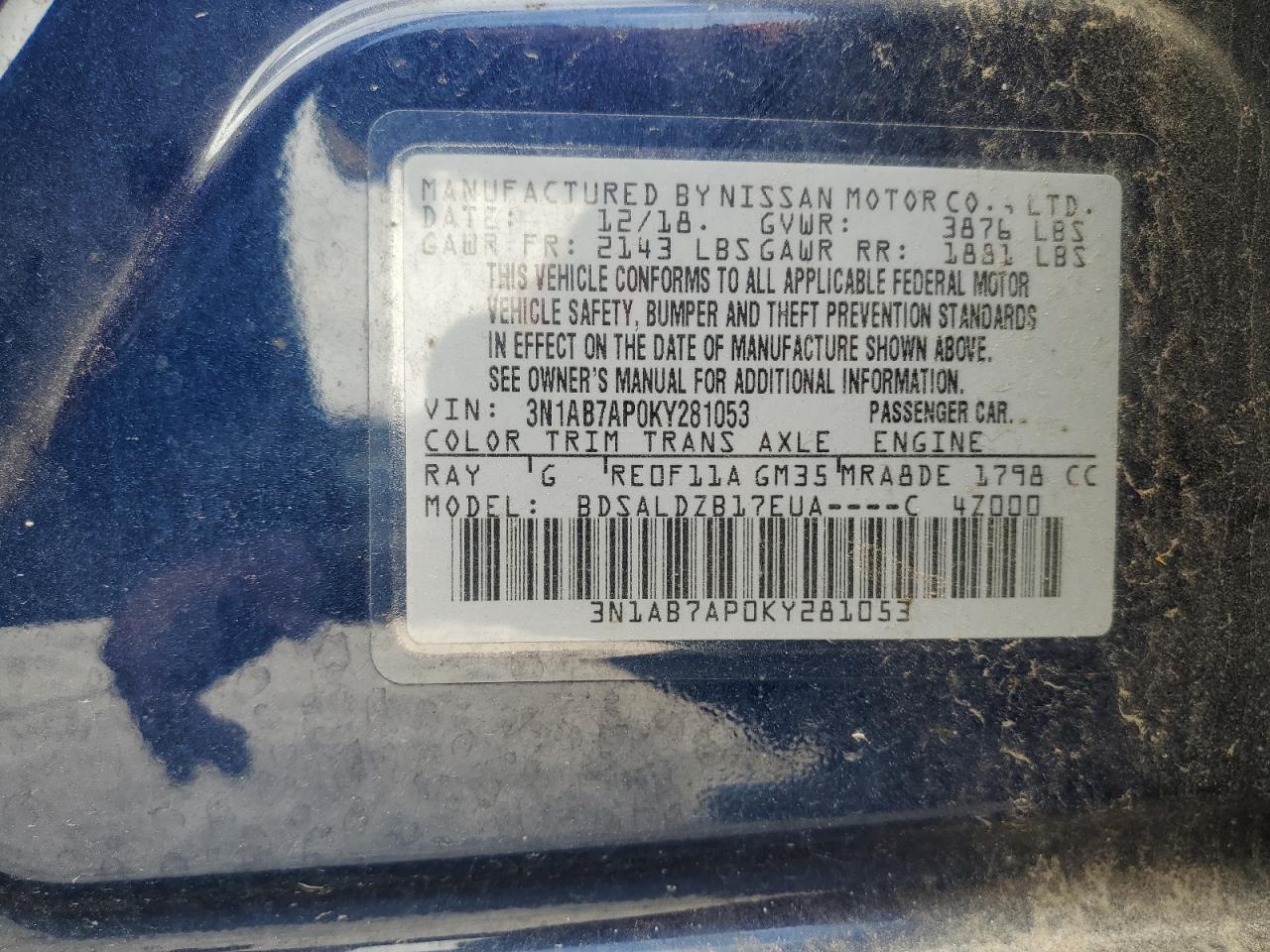 3N1AB7AP0KY281053 2019 Nissan Sentra S