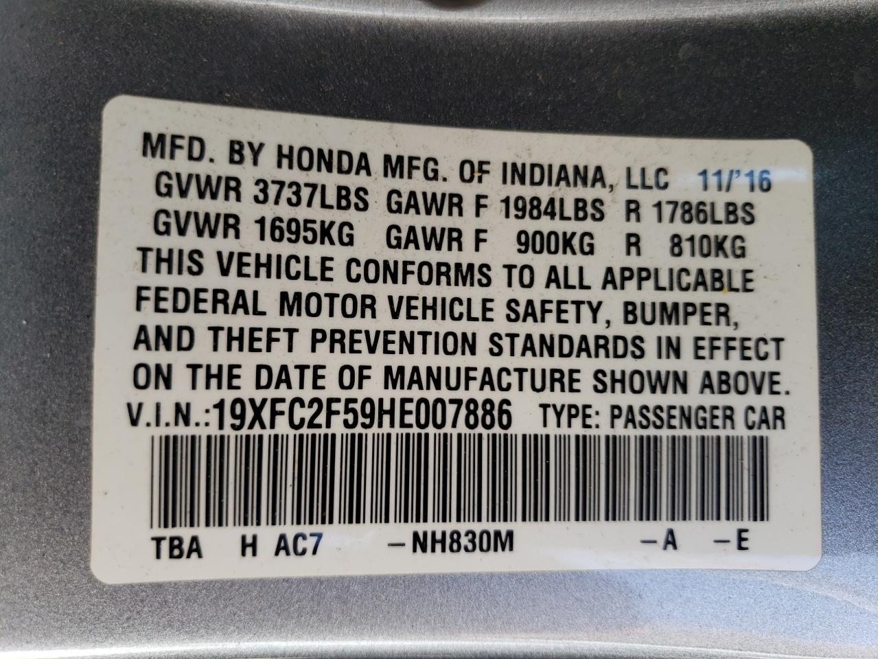 19XFC2F59HE007886 2017 Honda Civic Lx 19XFC2F59HE007886 2017 Honda Civic Lx