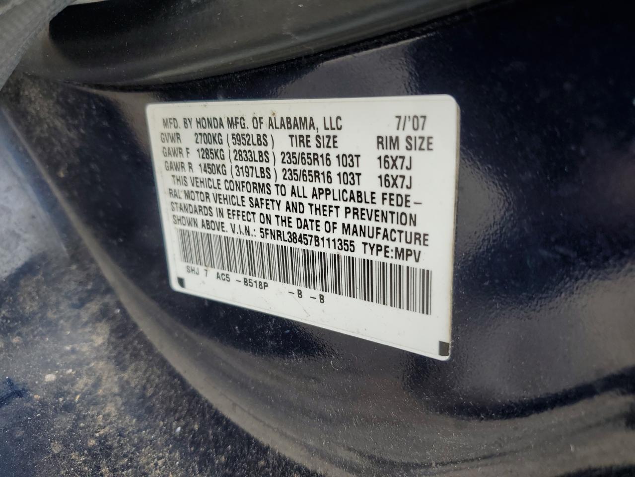 5FNRL38457B111355 2007 Honda Odyssey Ex