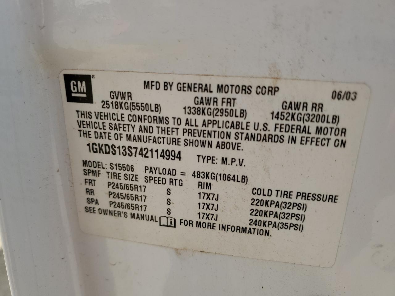 1GKDS13S742114994 2004 GMC Envoy