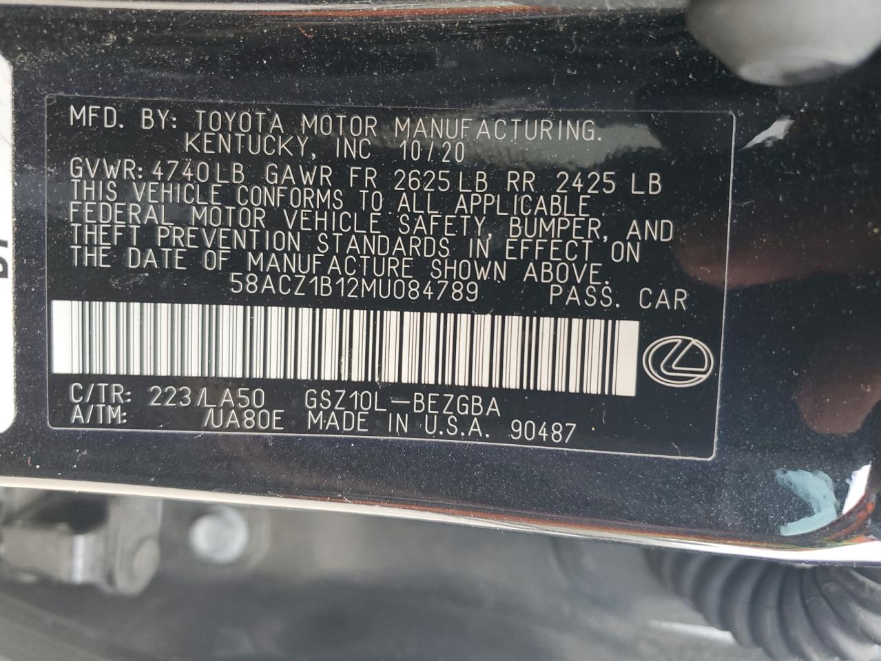 58ACZ1B12MU084789 2021 Lexus Es 350 Base