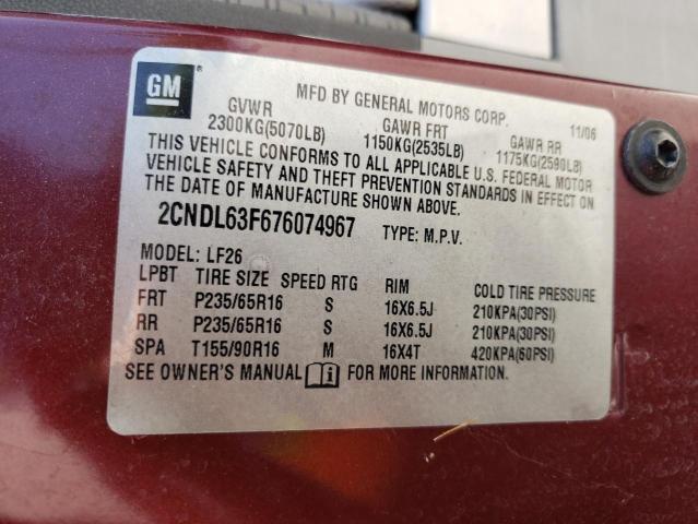 2007 Chevrolet Equinox Lt VIN: 2CNDL63F676074967 Lot: 61324654