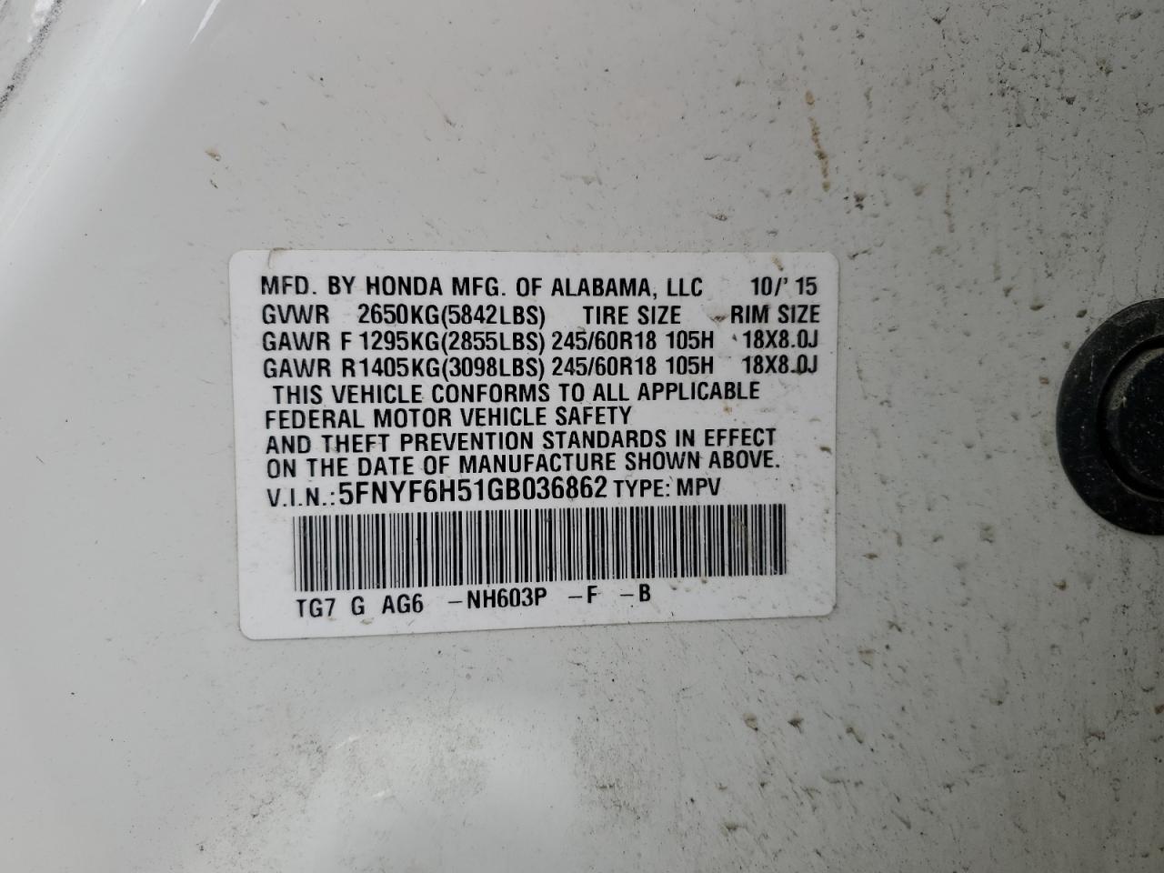 5FNYF6H51GB036862 2016 Honda Pilot Exl