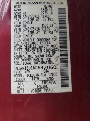 2006 Nissan Pathfinder Le VIN: 5N1AR18U16C642060 Lot: 59925464