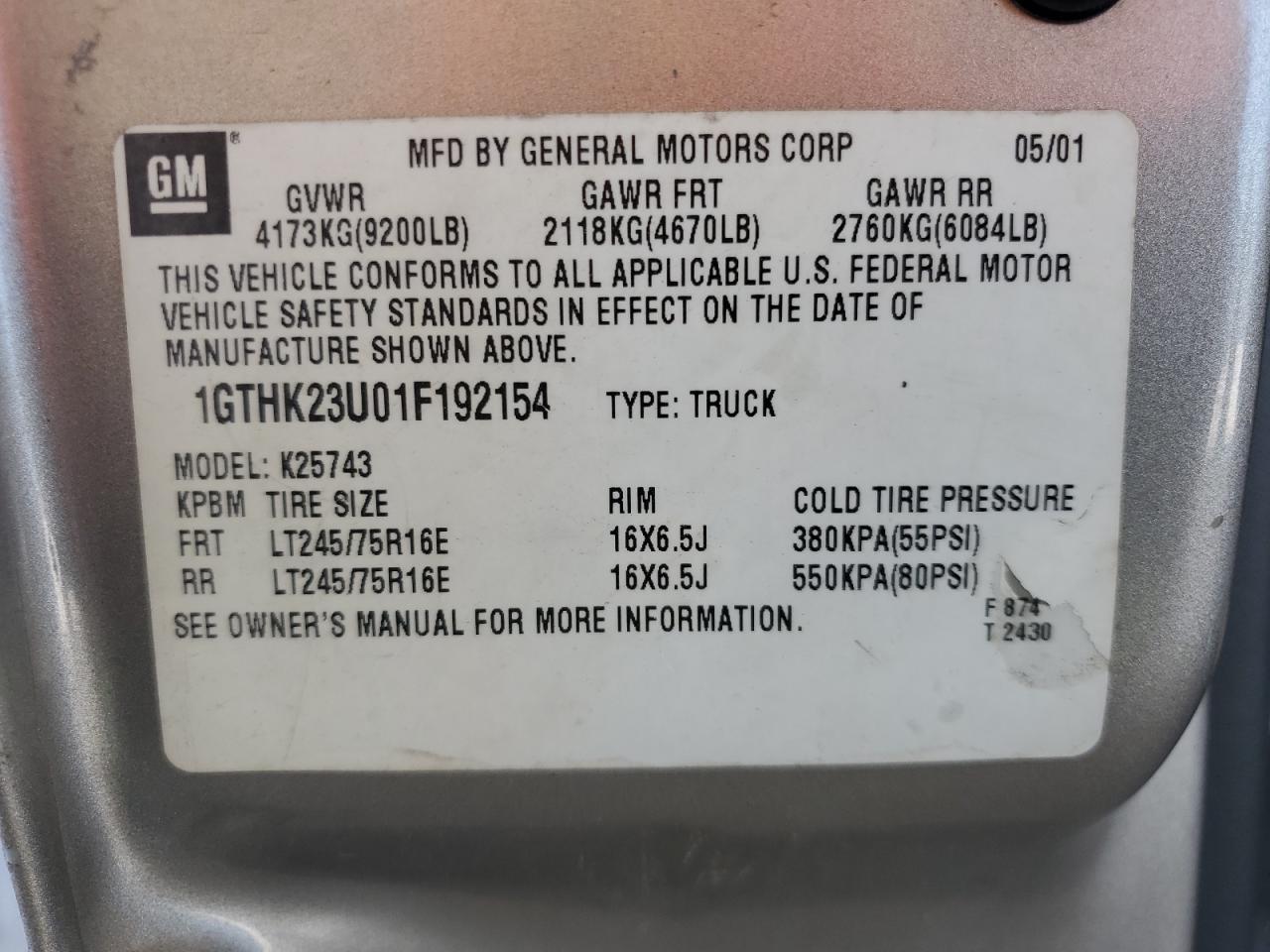 1GTHK23U01F192154 2001 GMC Sierra K2500 Heavy Duty