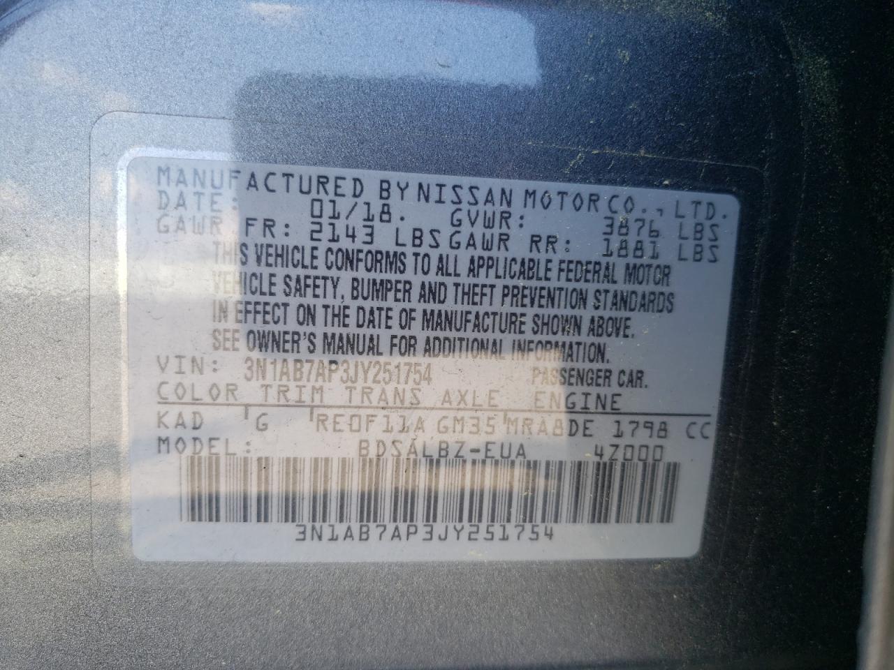 3N1AB7AP3JY251754 2018 Nissan Sentra S