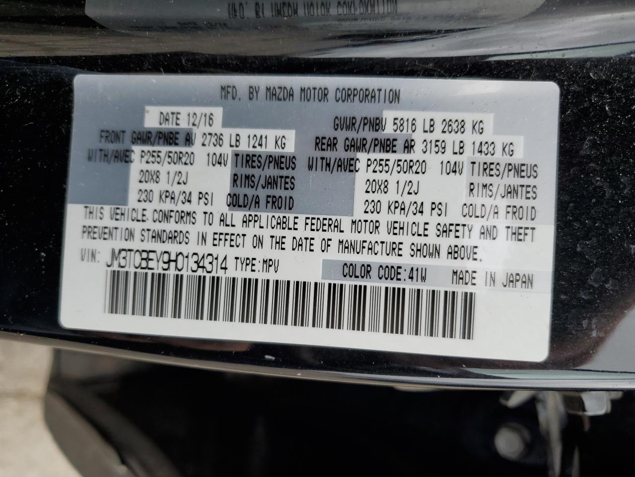 JM3TCBEY9H0134314 2017 Mazda Cx-9 Signature