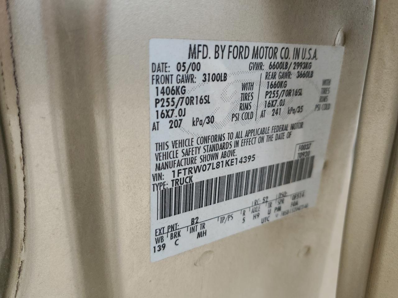 1FTRW07L81KE14395 2001 Ford F150 Supercrew