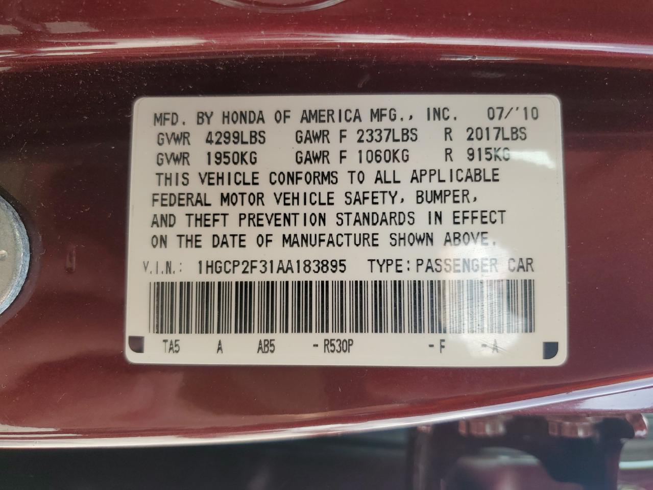 1HGCP2F31AA183895 2010 Honda Accord Lx