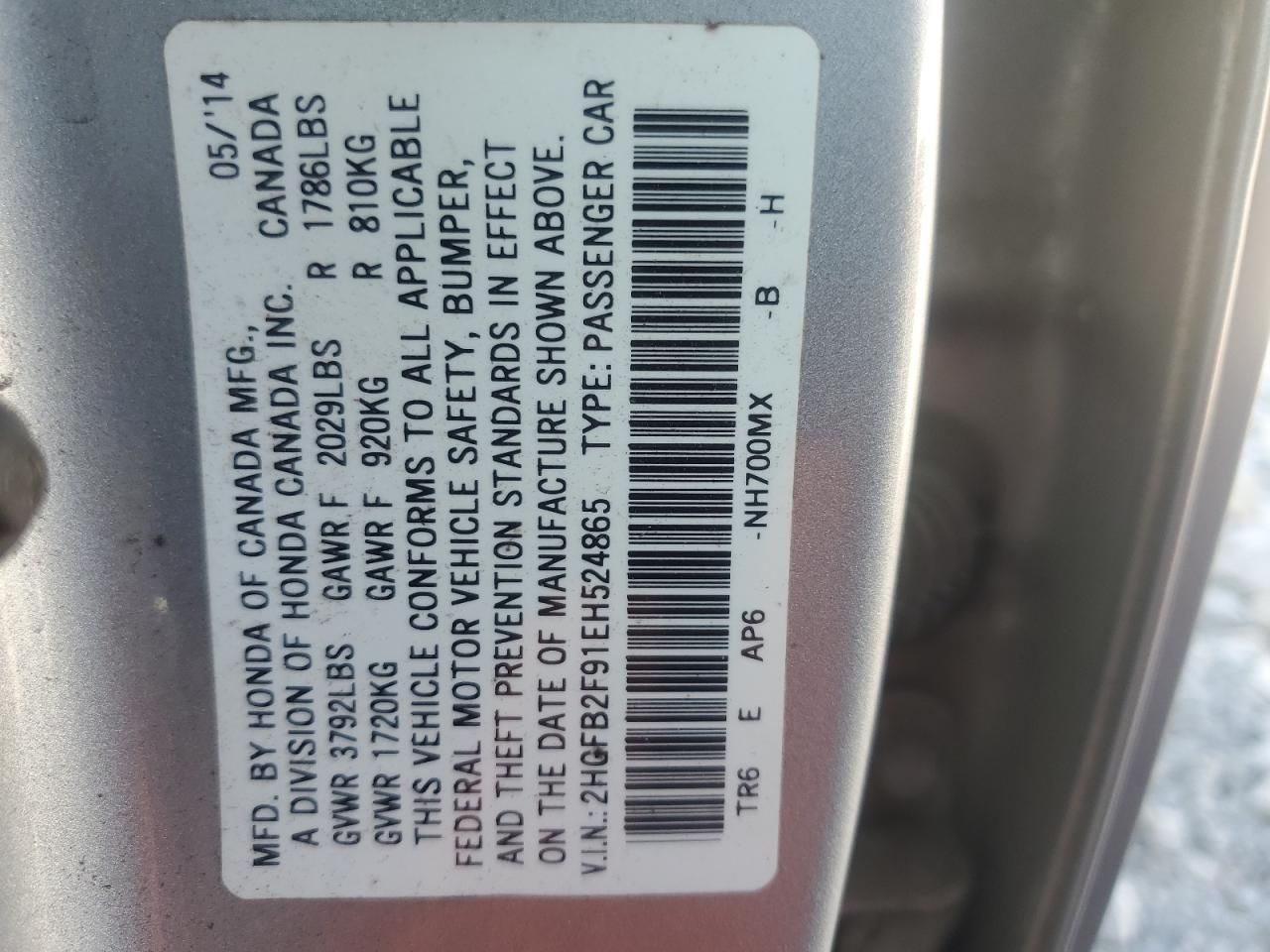 2HGFB2F91EH524865 2014 Honda Civic Exl