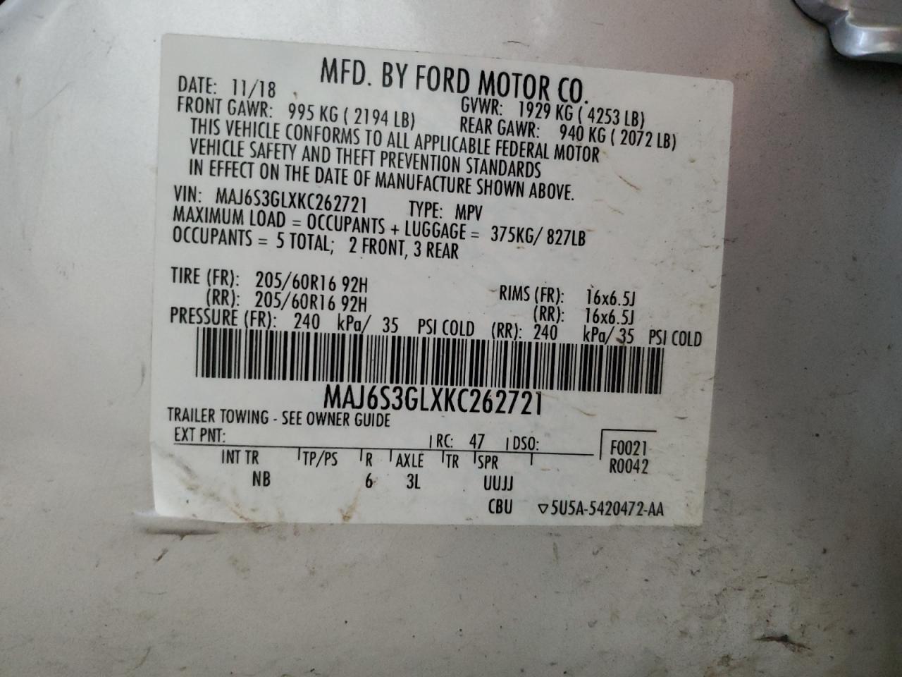 MAJ6S3GLXKC262721 2019 Ford Ecosport Se