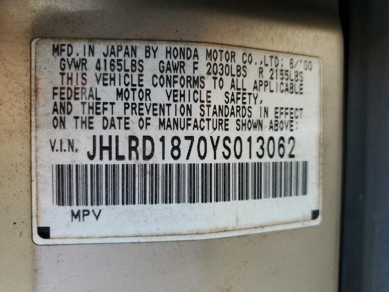 JHLRD1870YS013062 2000 Honda Cr-V Se