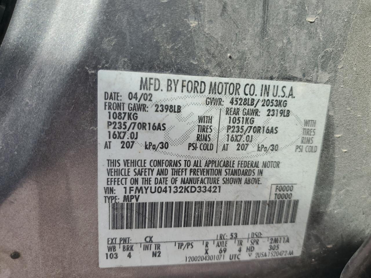 1FMYU04132KD33421 2002 Ford Escape Xlt