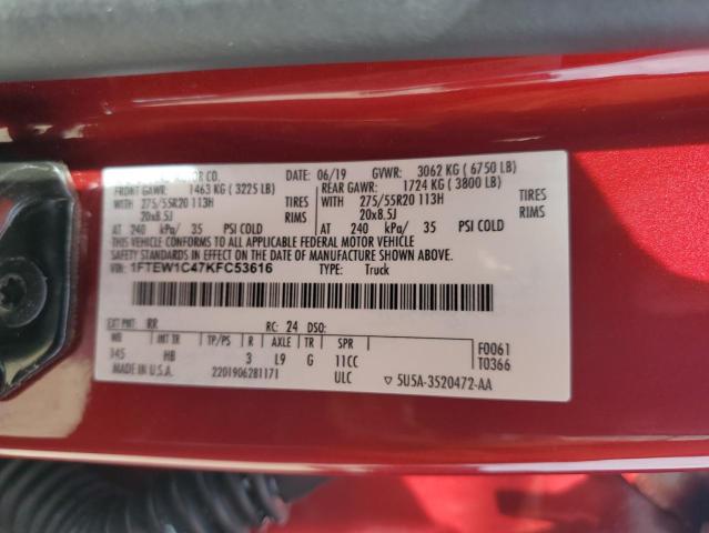 2019 Ford F150 Supercrew VIN: 1FTEW1C47KFC53616 Lot: 59286984