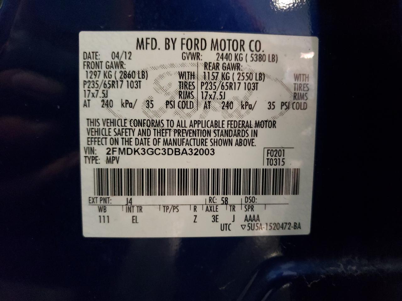 2FMDK3GC3DBA32003 2013 Ford Edge Se
