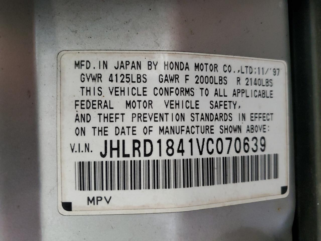 JHLRD1841VC070639 1997 Honda Cr-V Lx