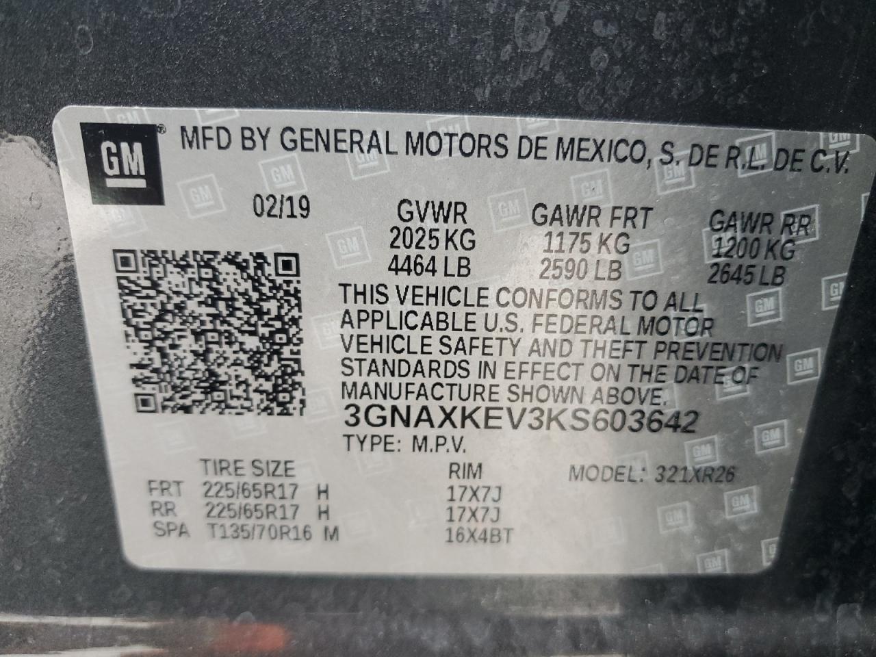 3GNAXKEV3KS603642 2019 Chevrolet Equinox Lt