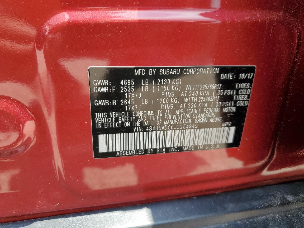 4S4BSADC6J3254949 2018 Subaru Outback 2.5I Premium