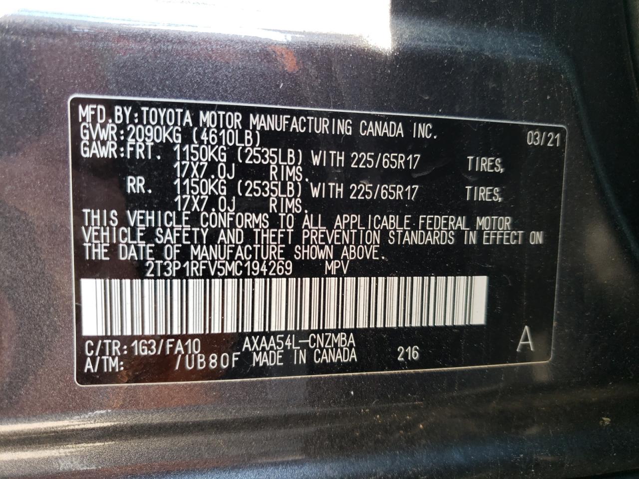 2T3P1RFV5MC194269 2021 Toyota Rav4 Xle