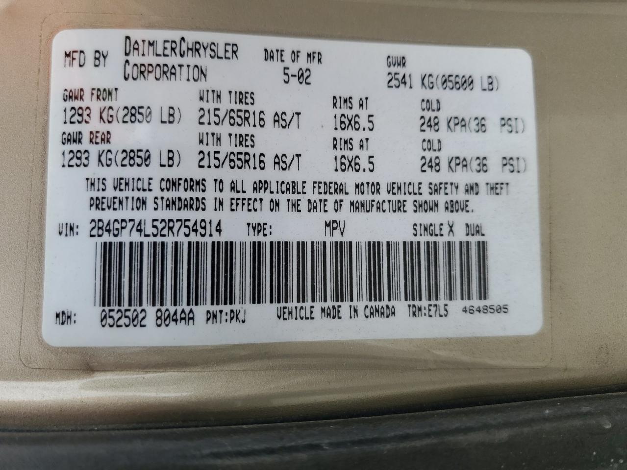 2B4GP74L52R754914 2002 Dodge Grand Caravan Ex