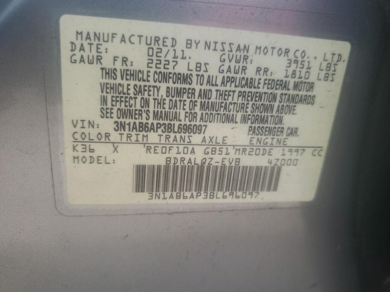 3N1AB6AP3BL696097 2011 Nissan Sentra 2.0