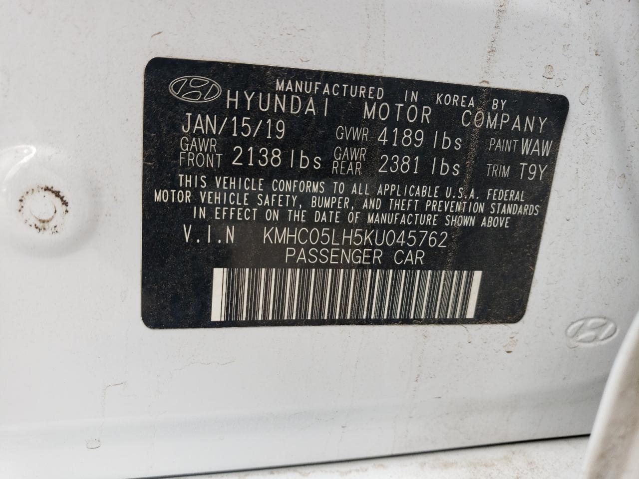 KMHC05LH5KU045762 2019 Hyundai Ioniq Limited