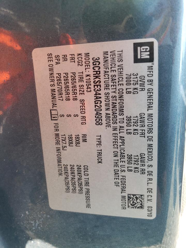 3GCRKSE34AG204958 2010 Chevrolet Silverado K1500 Lt