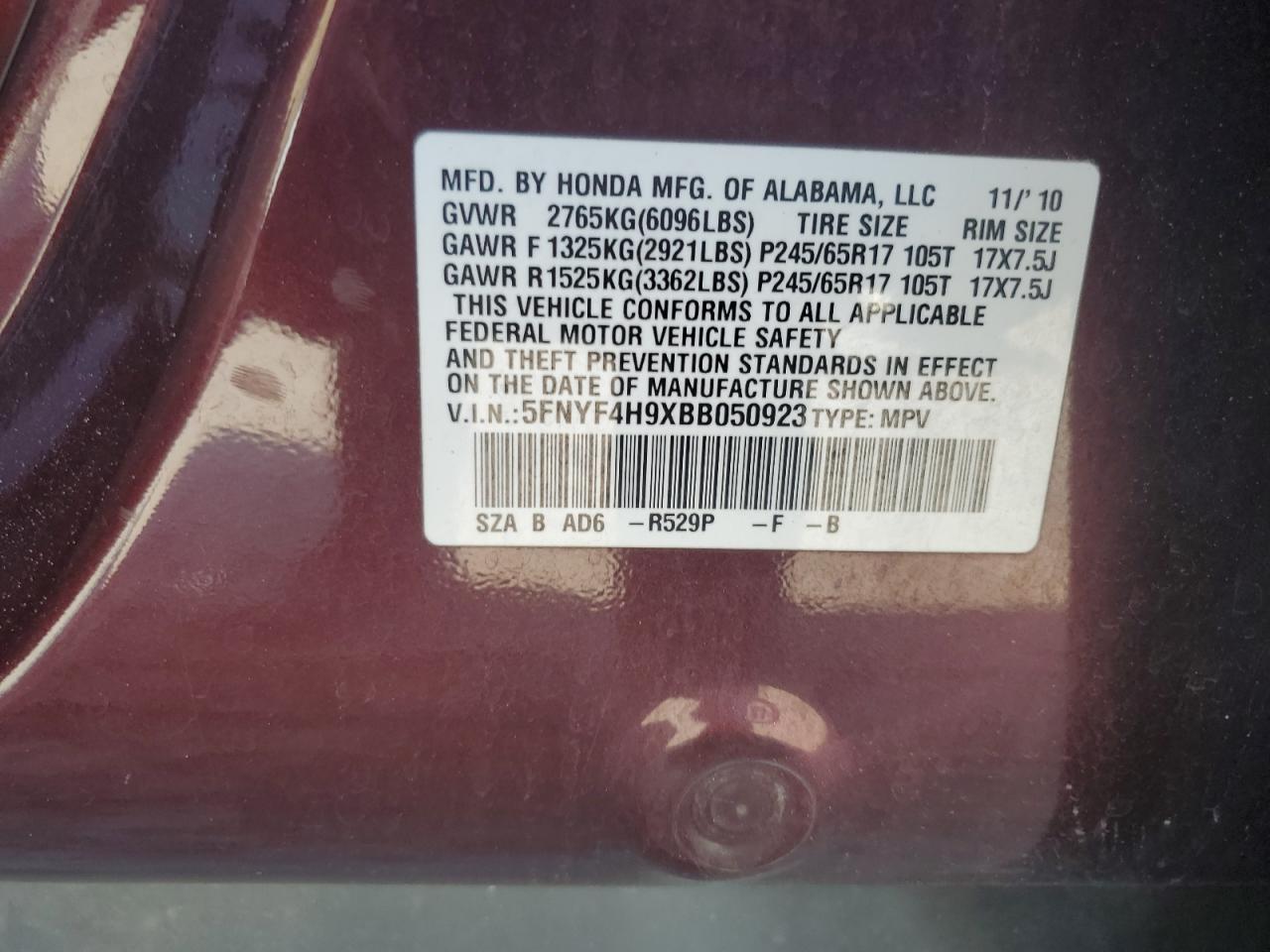 5FNYF4H9XBB050923 2011 Honda Pilot Touring