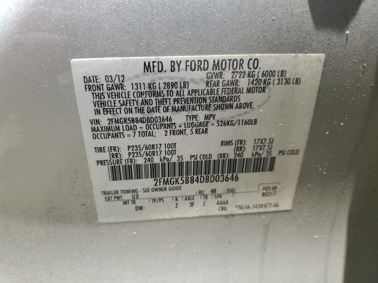 2FMGK5B84DBD03646 2013 Ford Flex Se