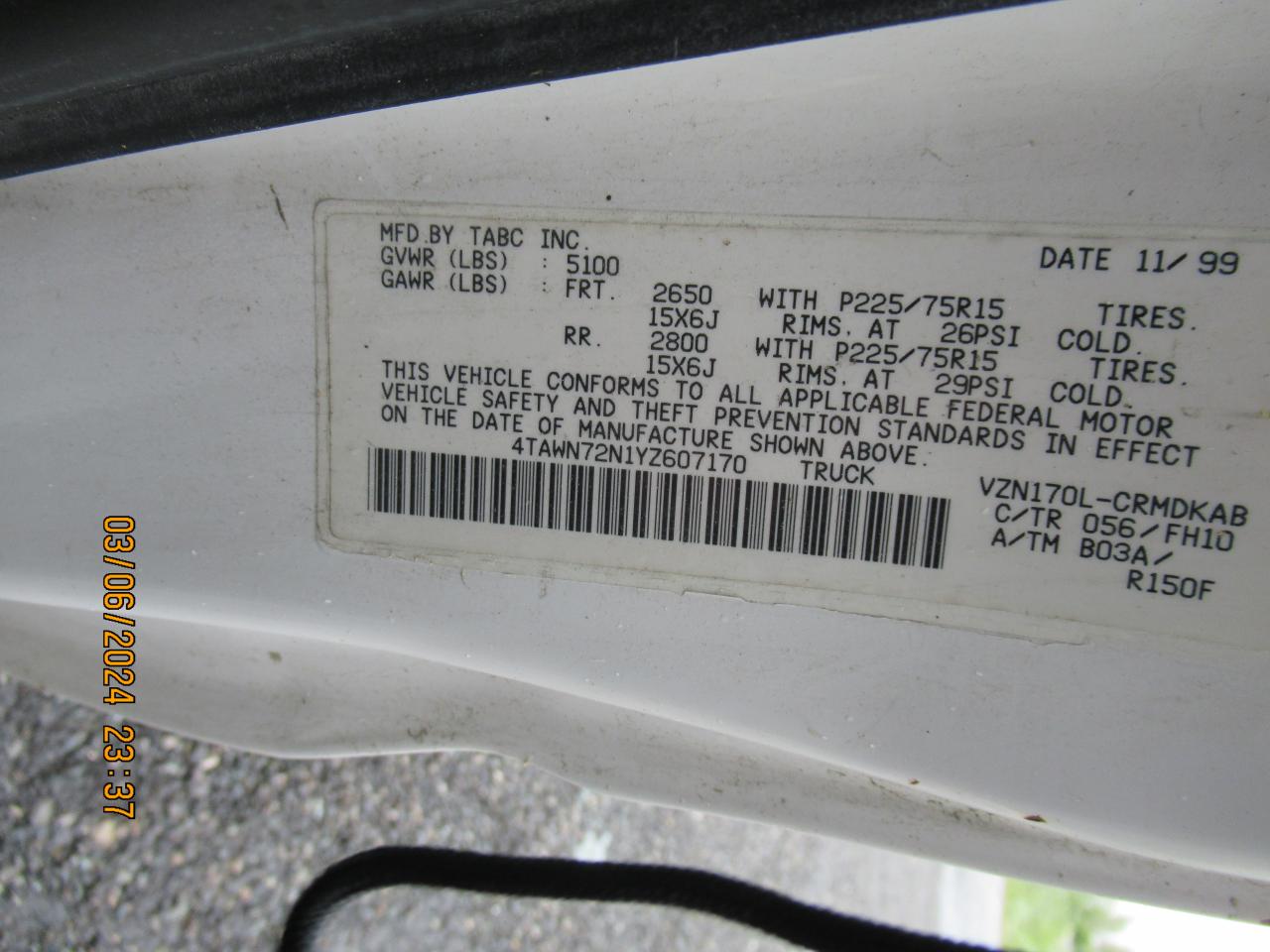 4TAWN72N1YZ607170 2000 Toyota Tacoma Xtracab