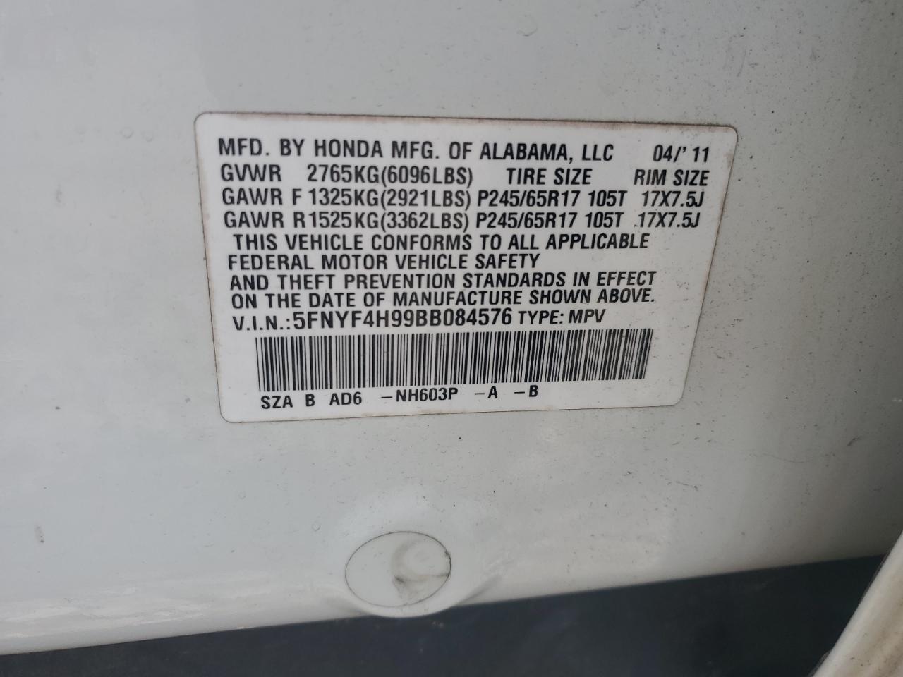 5FNYF4H99BB084576 2011 Honda Pilot Touring