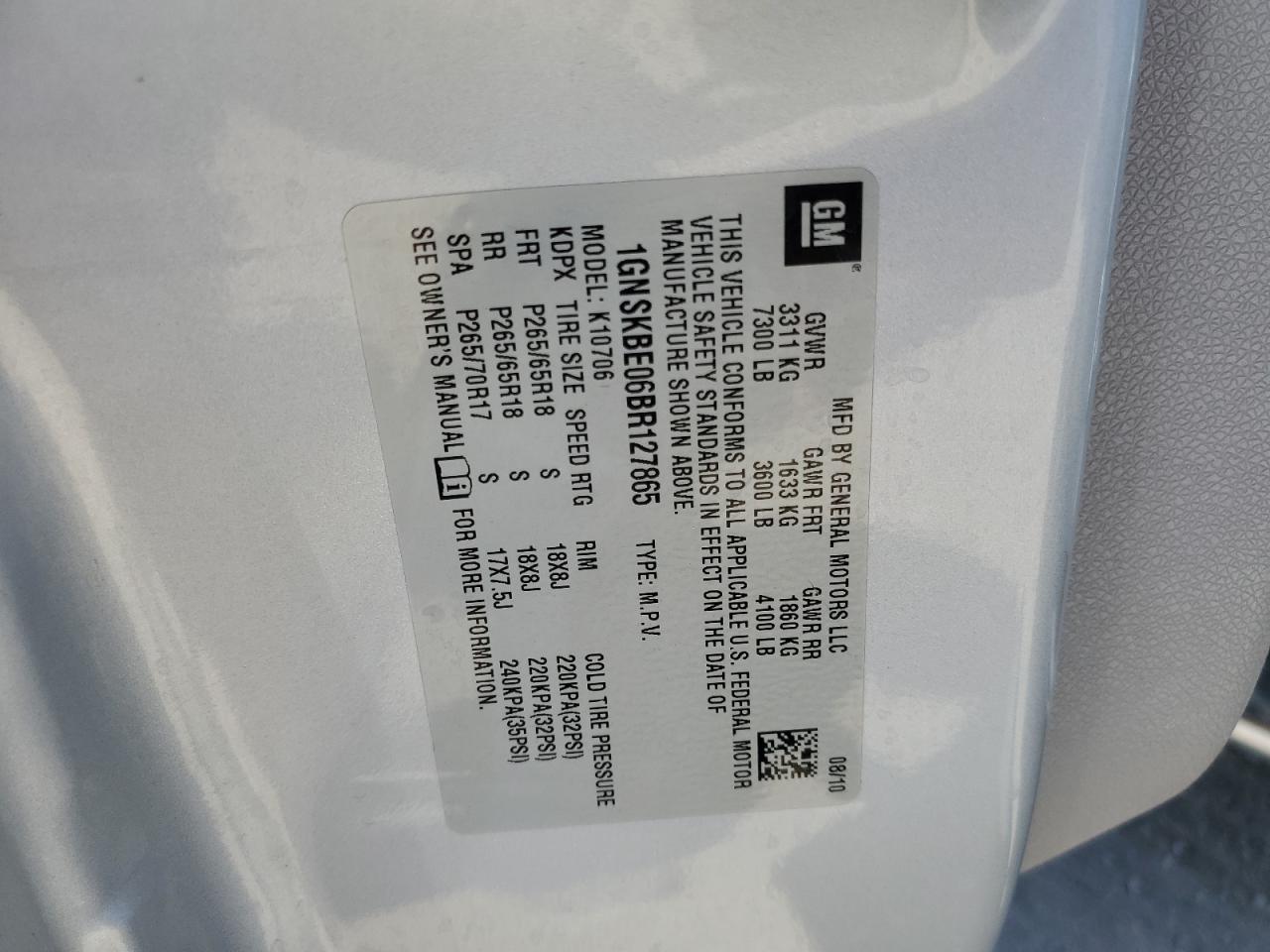 1GNSKBE06BR127865 2011 Chevrolet Tahoe K1500 Lt