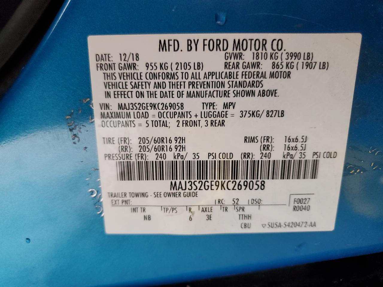 MAJ3S2GE9KC269058 2019 Ford Ecosport Se