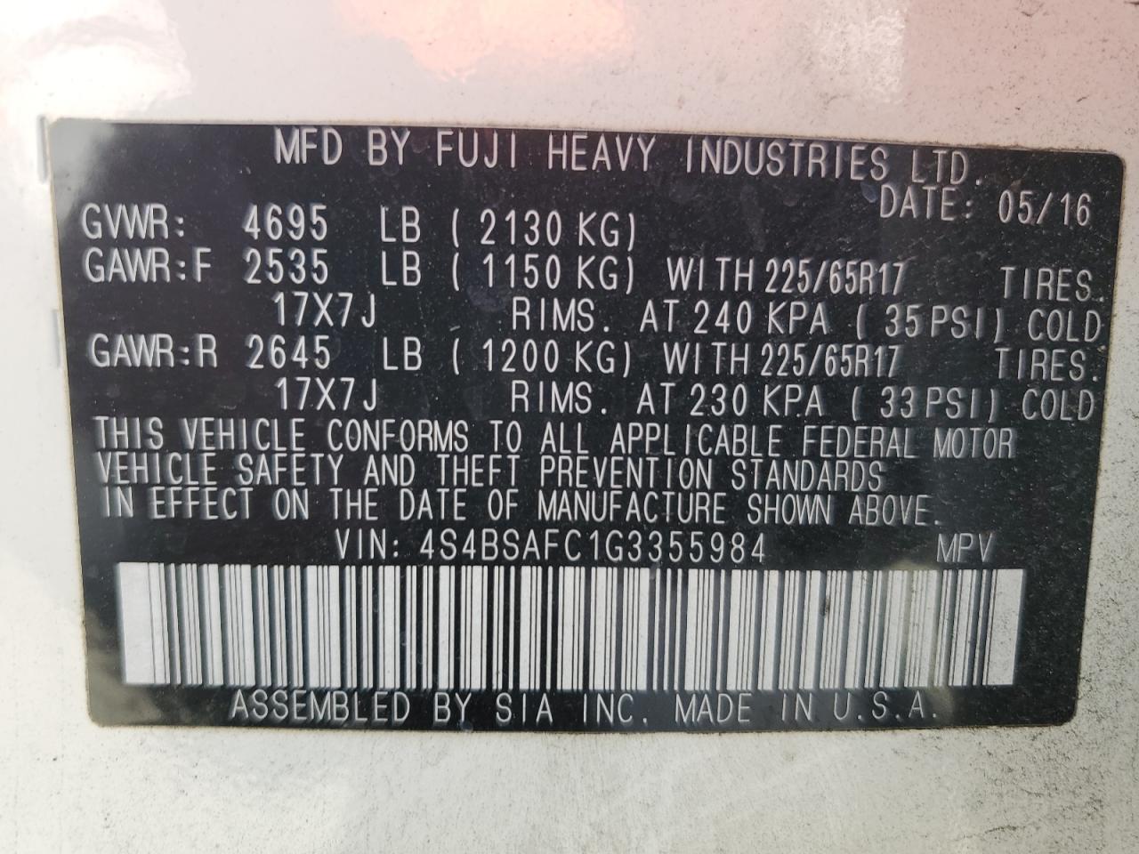 4S4BSAFC1G3355984 2016 Subaru Outback 2.5I Premium