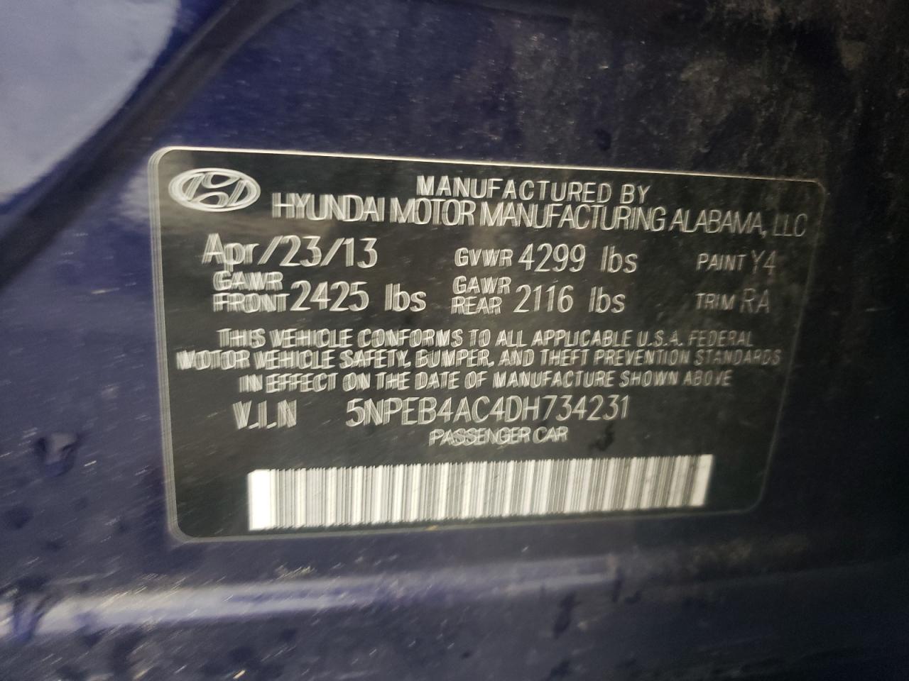 5NPEB4AC4DH734231 2013 Hyundai Sonata Gls